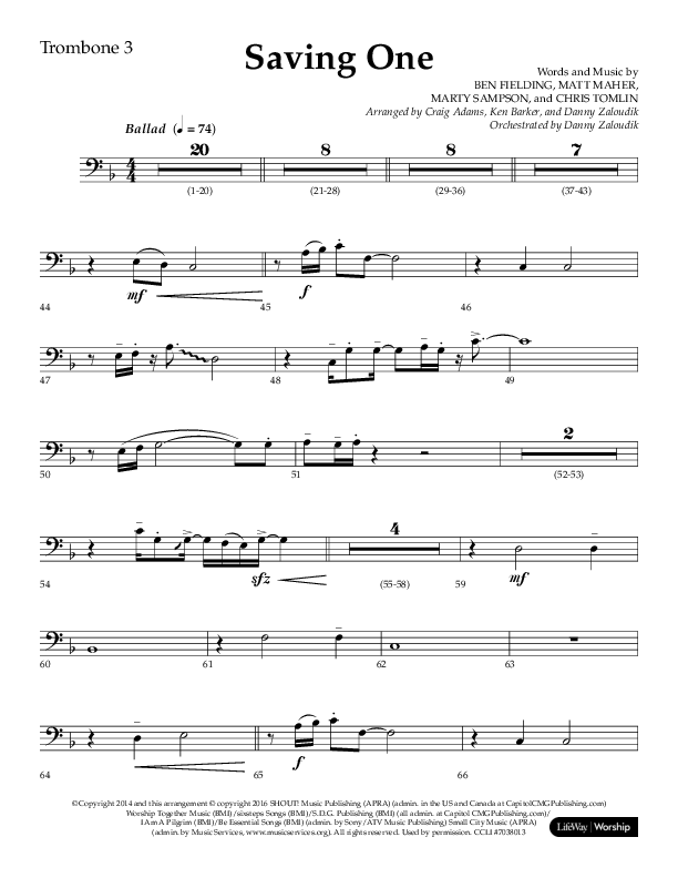 Saving One (Choral Anthem SATB) Trombone 3 (Lifeway Choral / Arr. Craig Adams / Arr. Ken Barker / Arr. Danny Zaloudik / Orch. Danny Zaloudik)