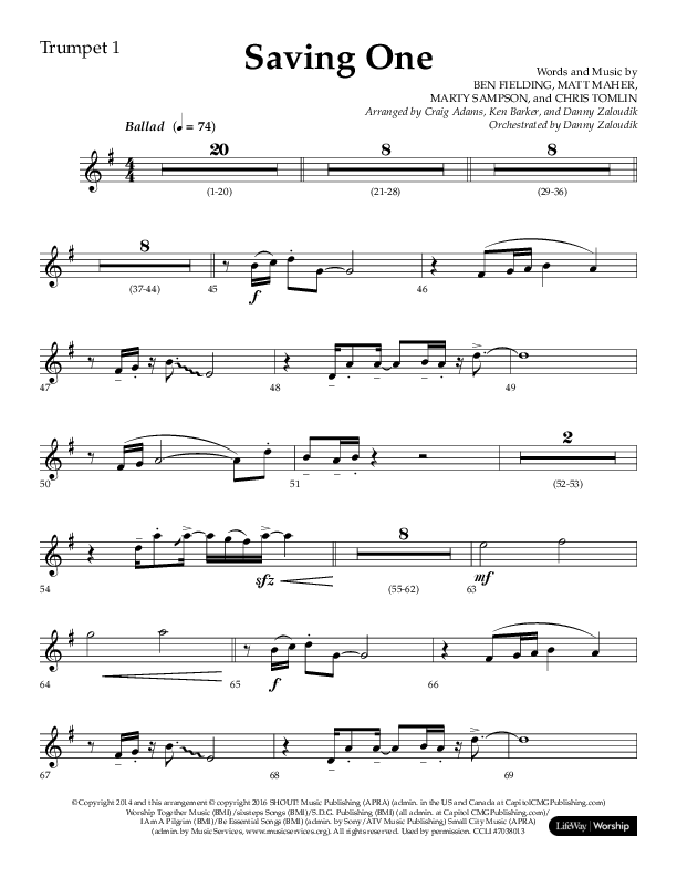 Saving One (Choral Anthem SATB) Trumpet 1 (Lifeway Choral / Arr. Craig Adams / Arr. Ken Barker / Arr. Danny Zaloudik / Orch. Danny Zaloudik)