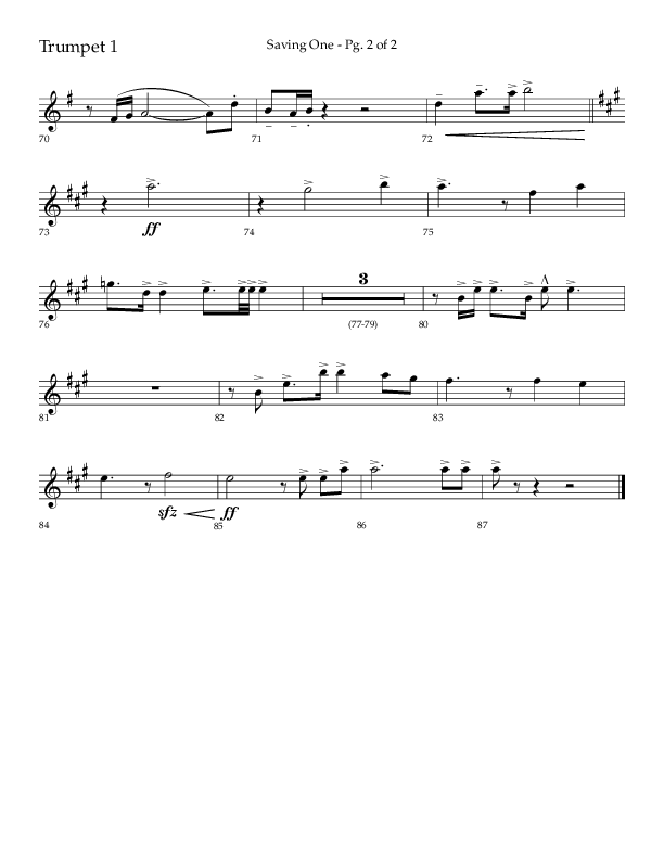 Saving One (Choral Anthem SATB) Trumpet 1 (Lifeway Choral / Arr. Craig Adams / Arr. Ken Barker / Arr. Danny Zaloudik / Orch. Danny Zaloudik)