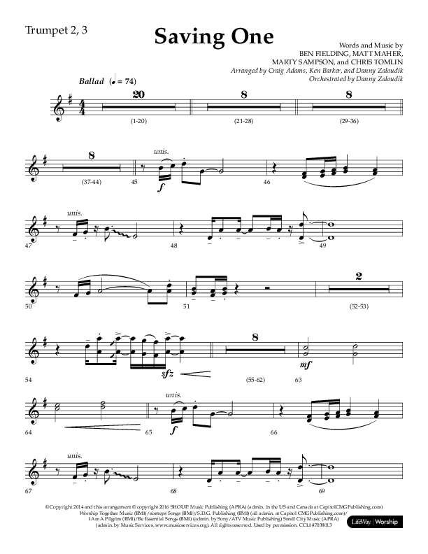 Saving One (Choral Anthem SATB) Trumpet 2/3 (Lifeway Choral / Arr. Craig Adams / Arr. Ken Barker / Arr. Danny Zaloudik / Orch. Danny Zaloudik)