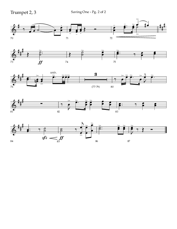 Saving One (Choral Anthem SATB) Trumpet 2/3 (Lifeway Choral / Arr. Craig Adams / Arr. Ken Barker / Arr. Danny Zaloudik / Orch. Danny Zaloudik)
