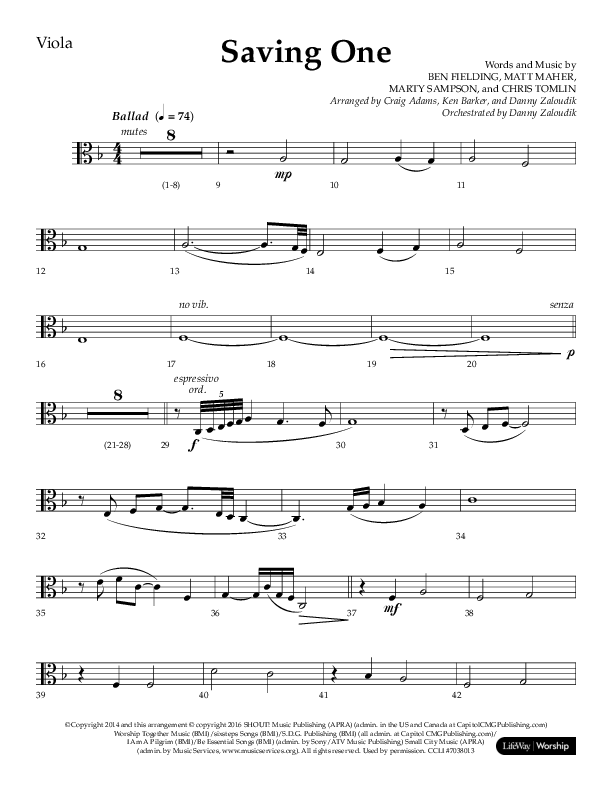 Saving One (Choral Anthem SATB) Viola (Lifeway Choral / Arr. Craig Adams / Arr. Ken Barker / Arr. Danny Zaloudik / Orch. Danny Zaloudik)