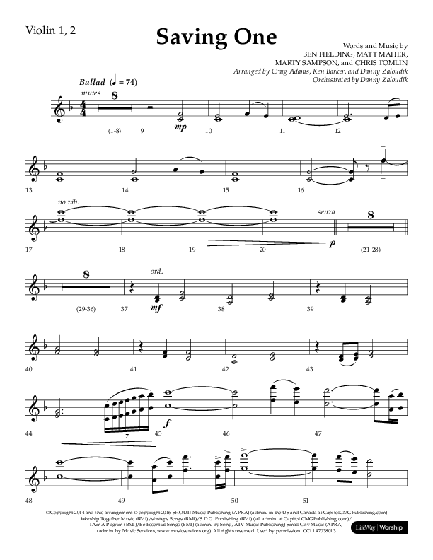 Saving One (Choral Anthem SATB) Violin 1/2 (Lifeway Choral / Arr. Craig Adams / Arr. Ken Barker / Arr. Danny Zaloudik / Orch. Danny Zaloudik)