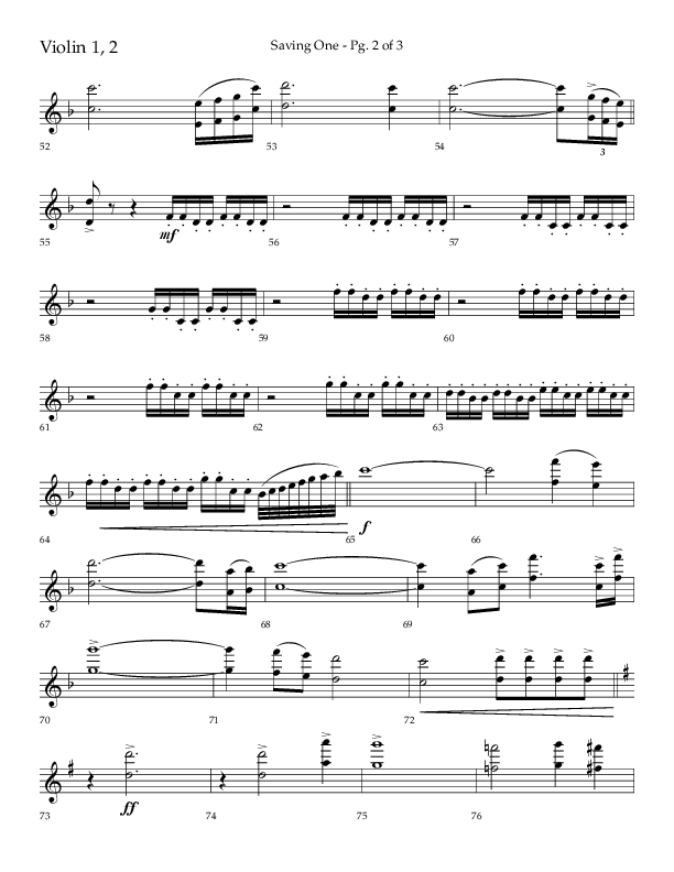 Saving One (Choral Anthem SATB) Violin 1/2 (Lifeway Choral / Arr. Craig Adams / Arr. Ken Barker / Arr. Danny Zaloudik / Orch. Danny Zaloudik)