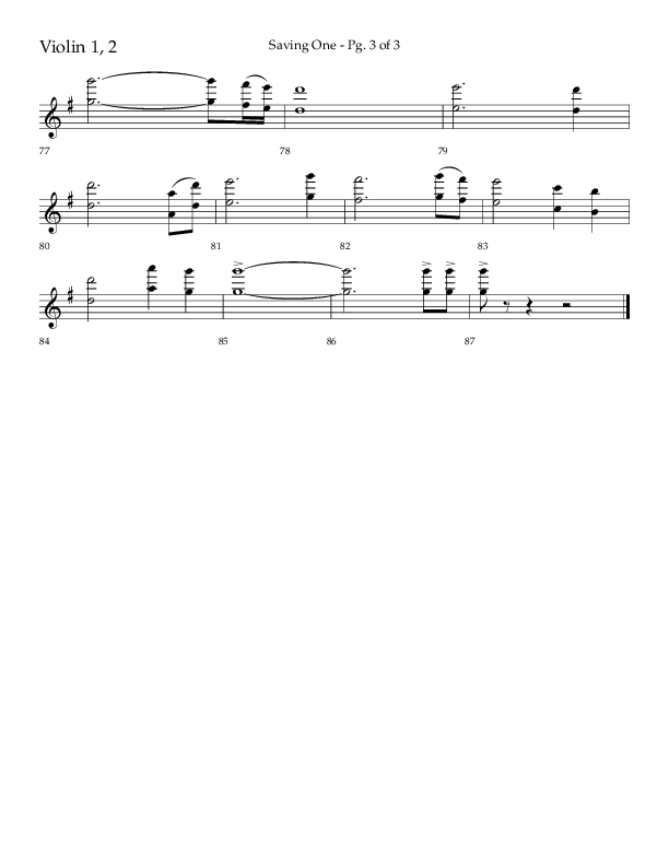 Saving One (Choral Anthem SATB) Violin 1/2 (Lifeway Choral / Arr. Craig Adams / Arr. Ken Barker / Arr. Danny Zaloudik / Orch. Danny Zaloudik)