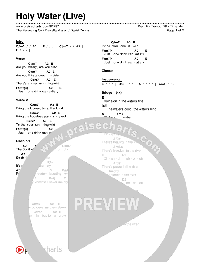 Holy Water (Live) Chords & Lyrics (The Belonging Co / Daniella Mason / David Dennis)