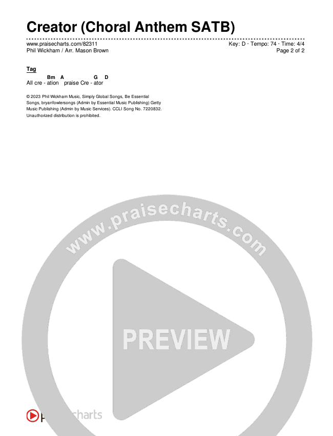 Creator (Choral Anthem SATB) Chords & Lyrics (Phil Wickham / Arr. Mason Brown)