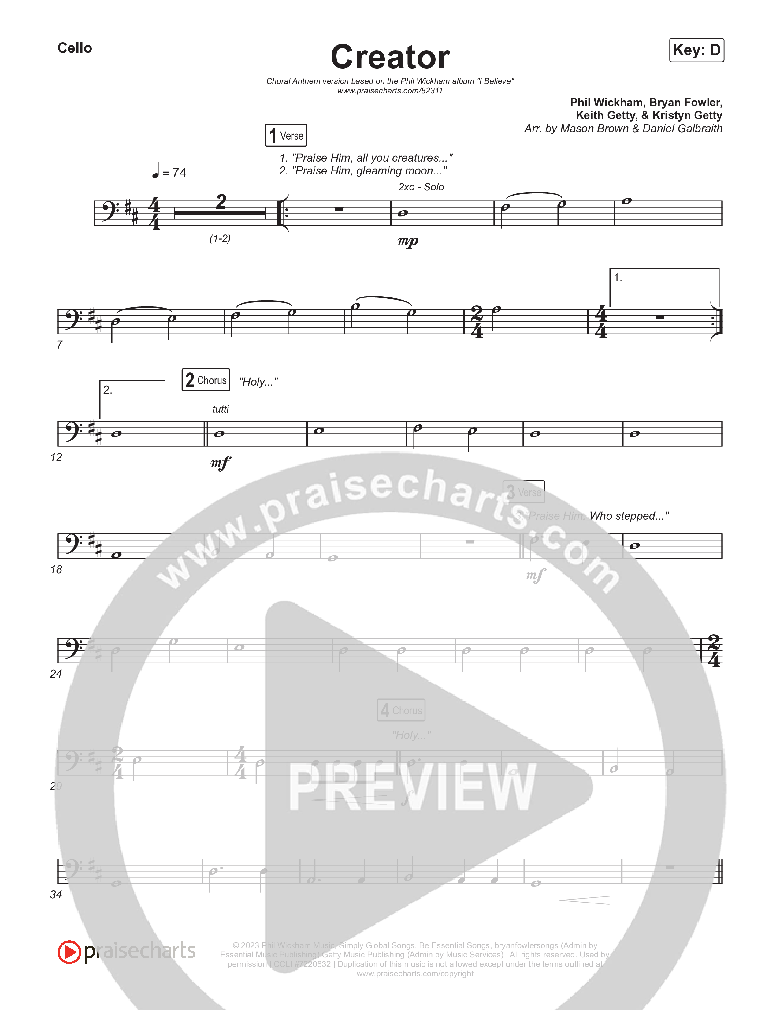 Creator (Choral Anthem SATB) Cello (Phil Wickham / Arr. Mason Brown)