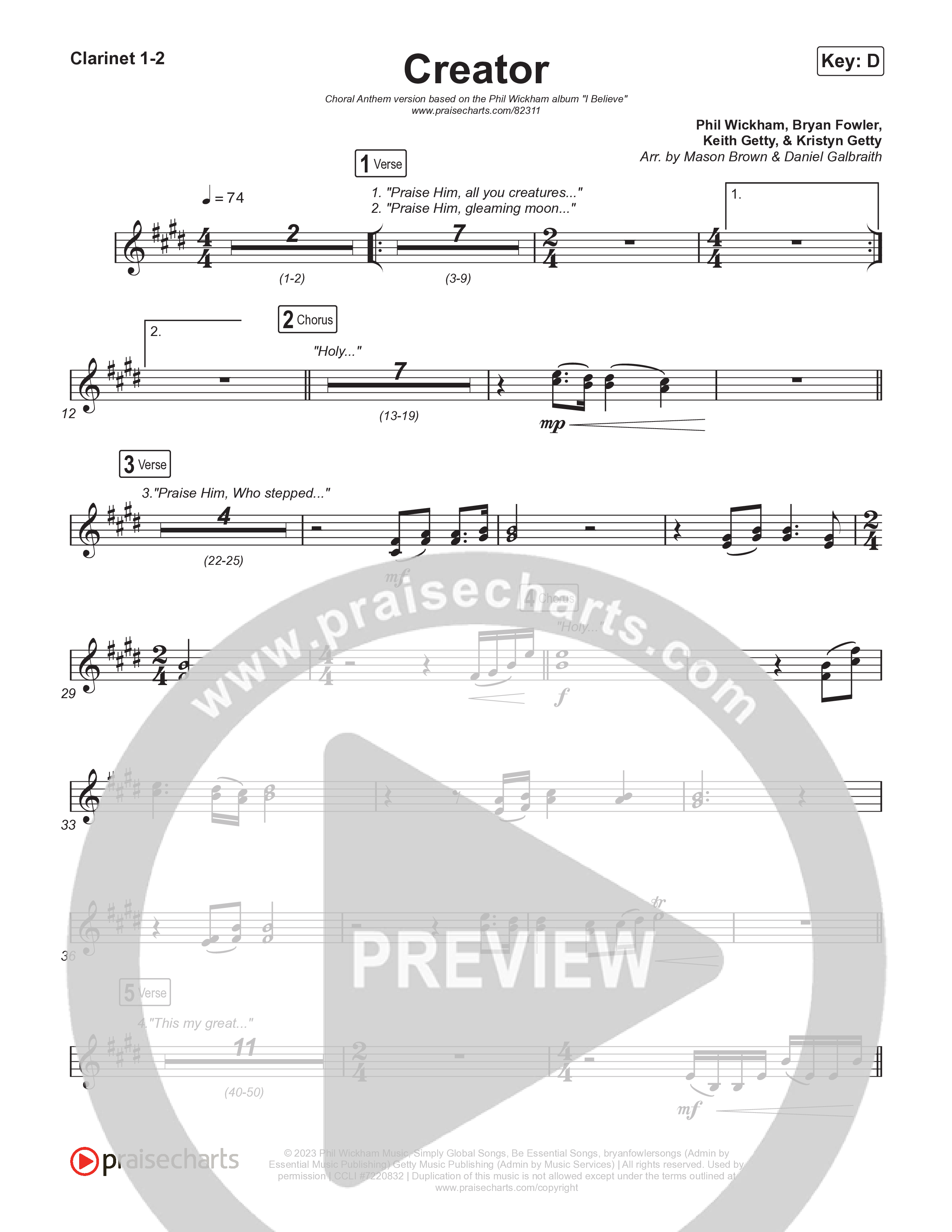 Creator (Choral Anthem SATB) Clarinet 1,2 (Phil Wickham / Arr. Mason Brown)