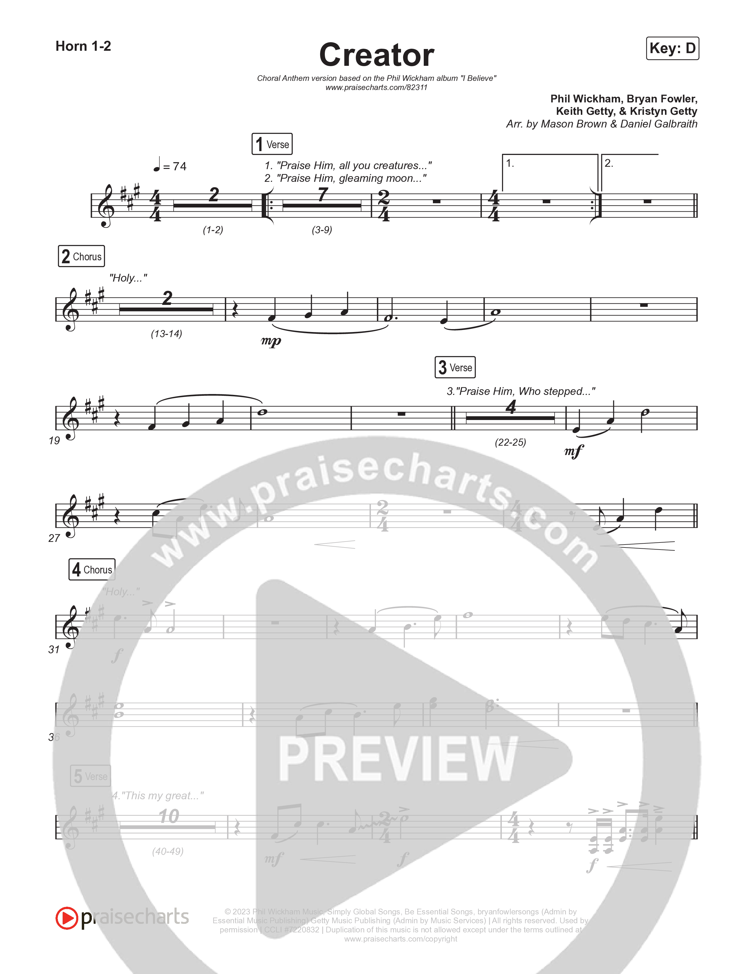Creator (Choral Anthem SATB) French Horn 1,2 (Phil Wickham / Arr. Mason Brown)