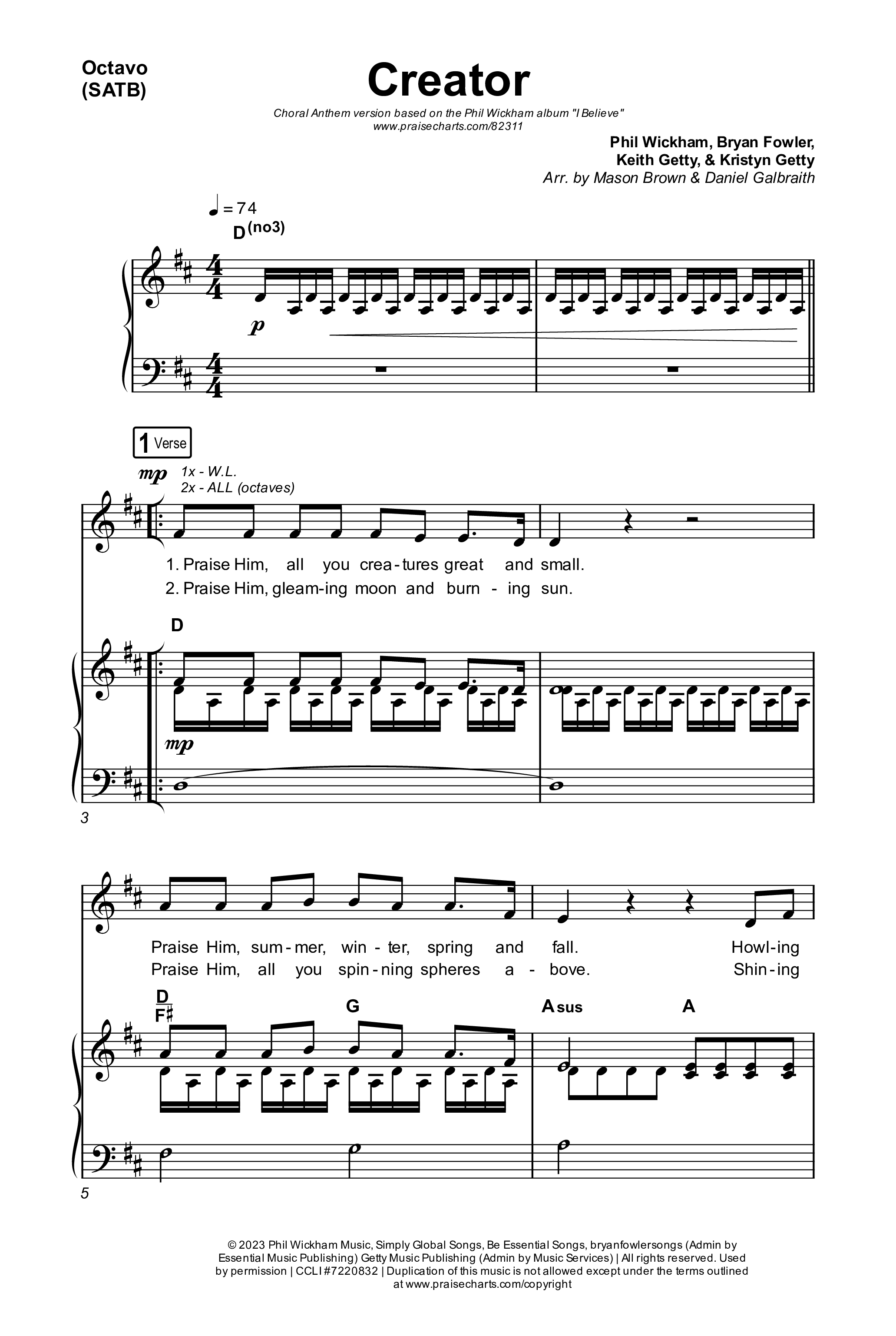 Creator (Choral Anthem SATB) Octavo (SATB & Pno) (Phil Wickham / Arr. Mason Brown)