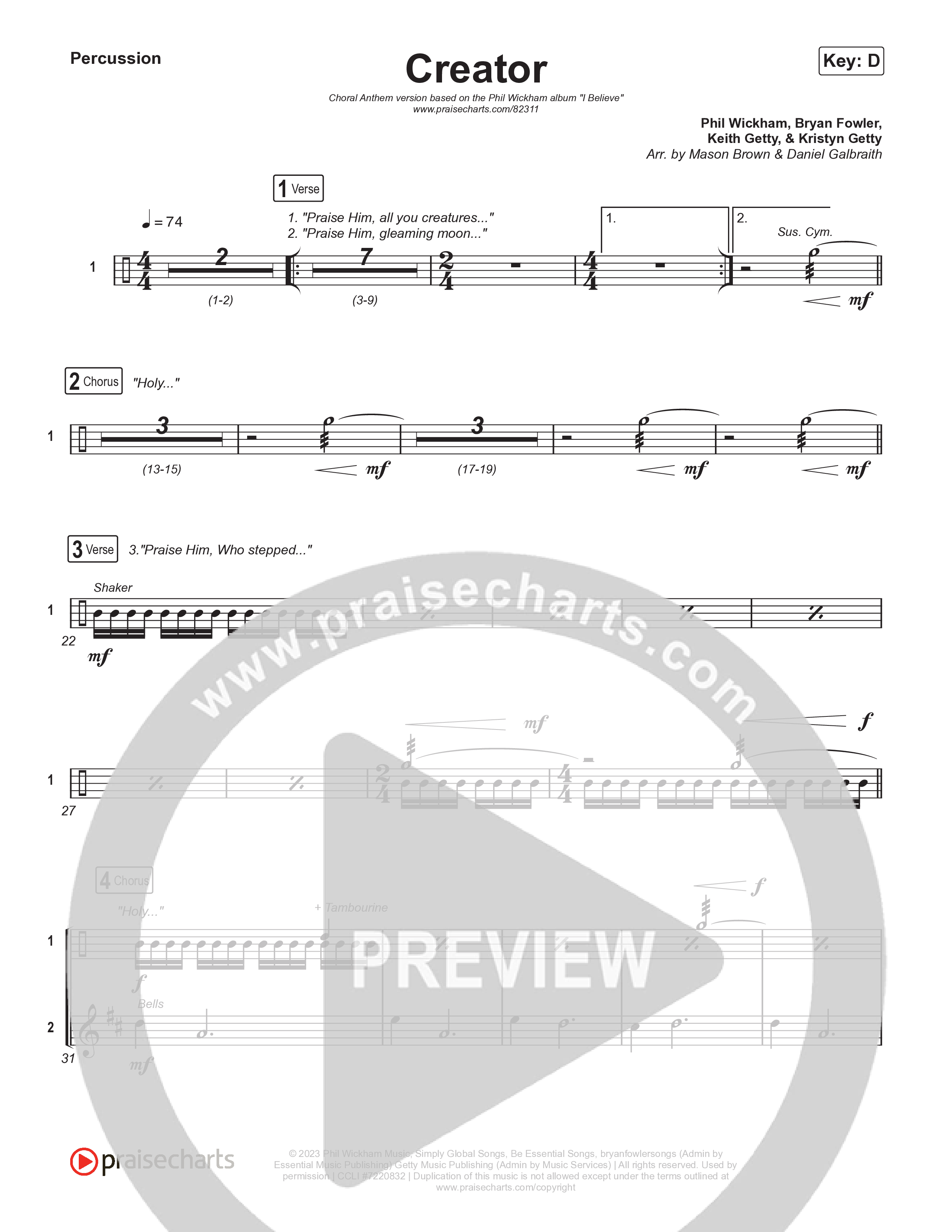 Creator (Choral Anthem SATB) Percussion (Phil Wickham / Arr. Mason Brown)