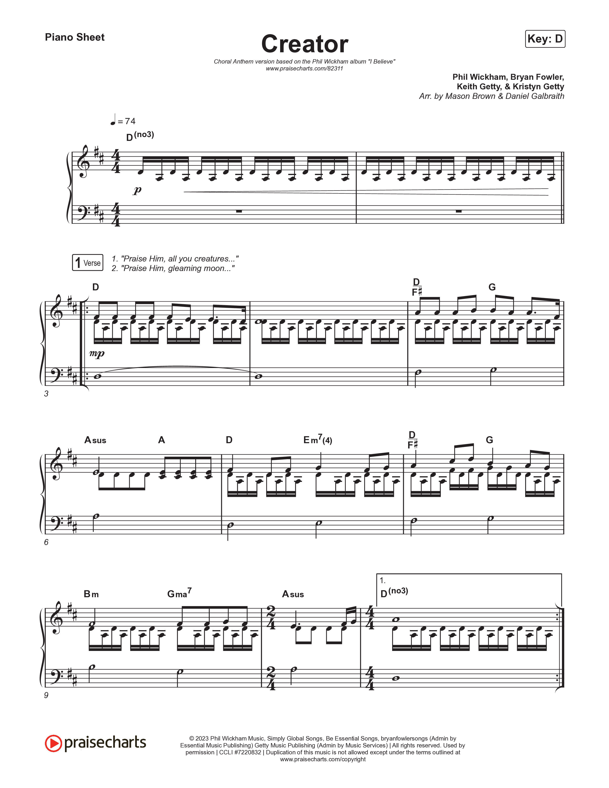 Creator (Choral Anthem SATB) Piano Sheet (Phil Wickham / Arr. Mason Brown)