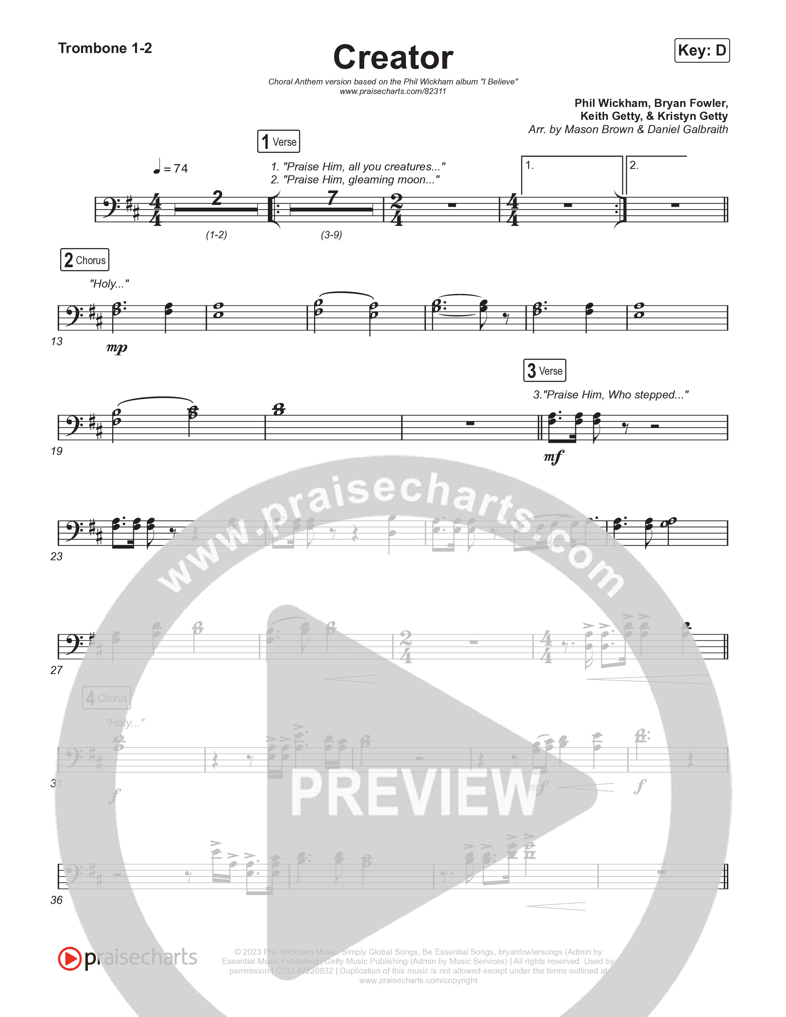 Creator (Choral Anthem SATB) Trombone 1/2 (Phil Wickham / Arr. Mason Brown)