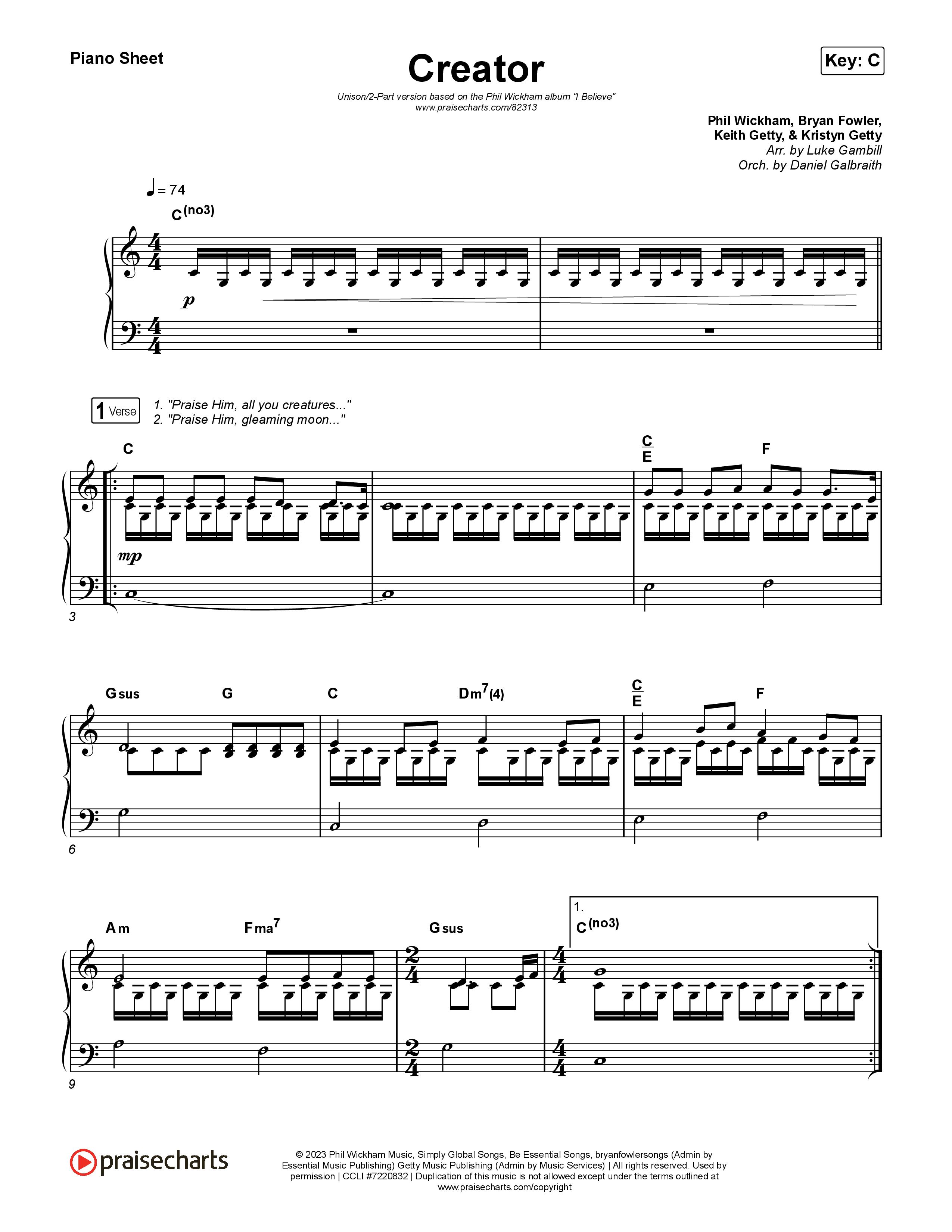 Creator (Unison/2-Part) Piano Sheet (Phil Wickham)