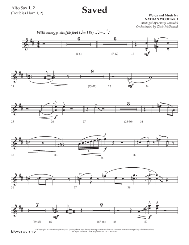 Saved (Choral Anthem SATB) Alto Sax 1/2 (Lifeway Choral / Arr. Danny Zaloudik)