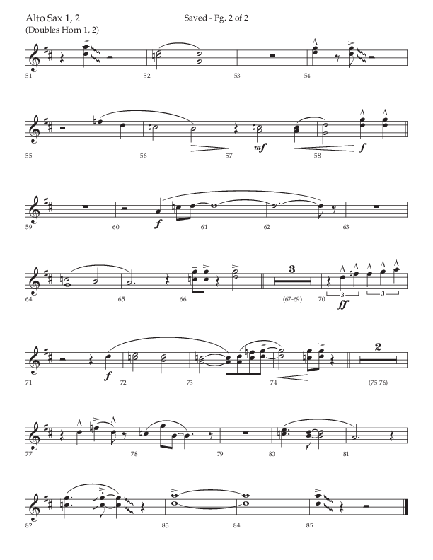 Saved (Choral Anthem SATB) Alto Sax 1/2 (Lifeway Choral / Arr. Danny Zaloudik)