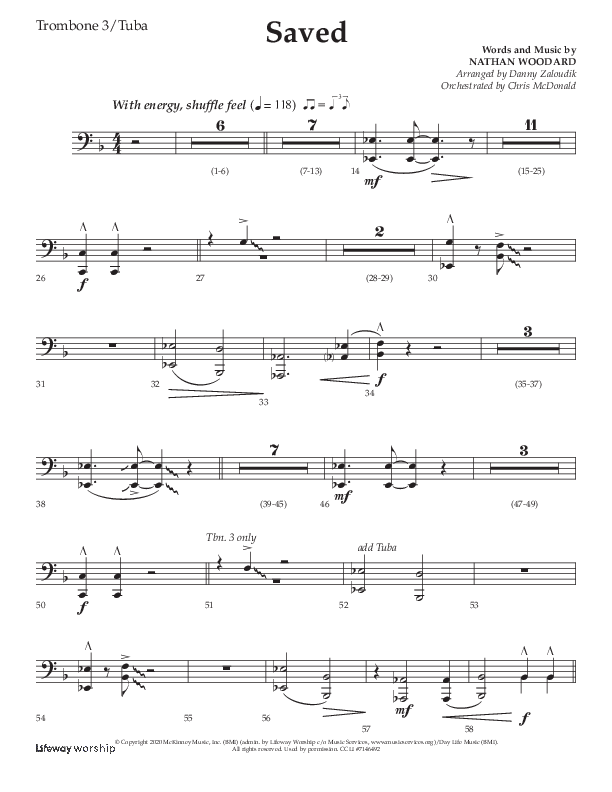 Saved (Choral Anthem SATB) Trombone 3/Tuba (Lifeway Choral / Arr. Danny Zaloudik)