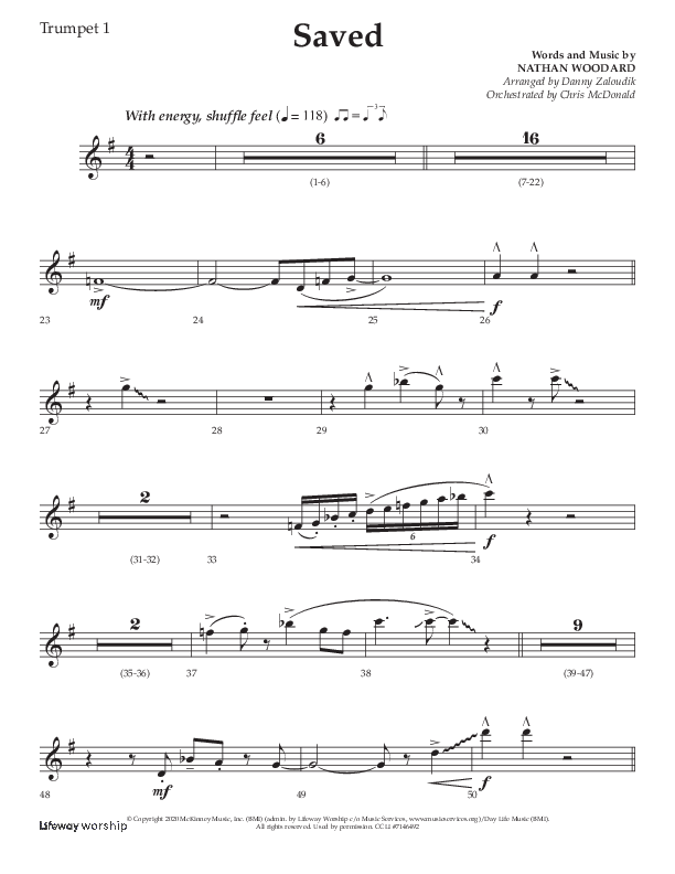 Saved (Choral Anthem SATB) Trumpet 1 (Lifeway Choral / Arr. Danny Zaloudik)