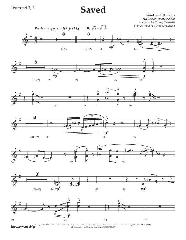 Saved (Choral Anthem SATB) Trumpet 2/3 (Lifeway Choral / Arr. Danny Zaloudik)