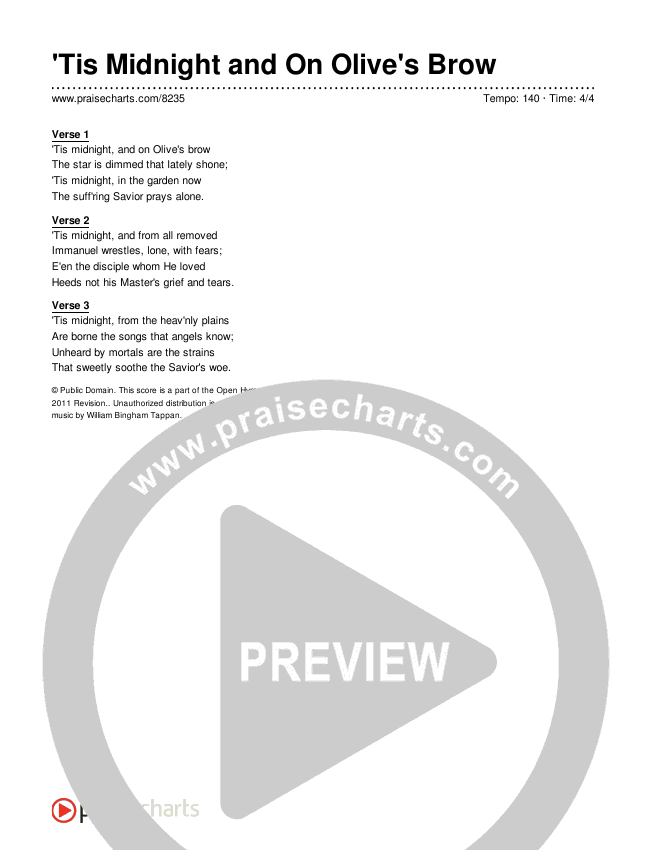 'Tis Midnight And On Olive's Brow Lyrics (Traditional Hymn)