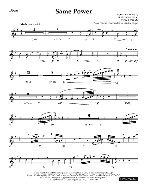 Same Power (Choral Anthem SATB) Oboe (Lifeway Choral / Arr. Bradley Knight)
