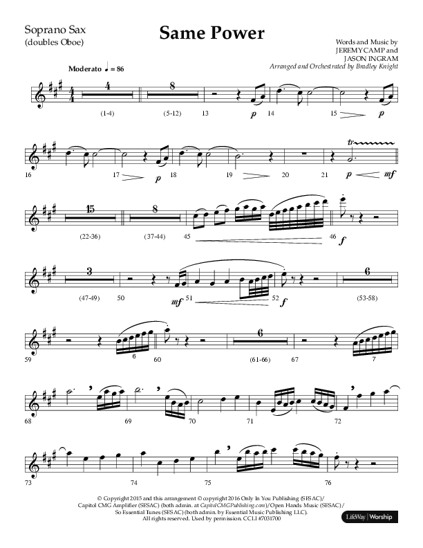 Same Power (Choral Anthem SATB) Soprano Sax (Lifeway Choral / Arr. Bradley Knight)