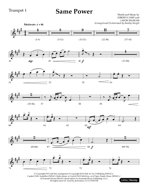 Same Power (Choral Anthem SATB) Trumpet 1 (Lifeway Choral / Arr. Bradley Knight)