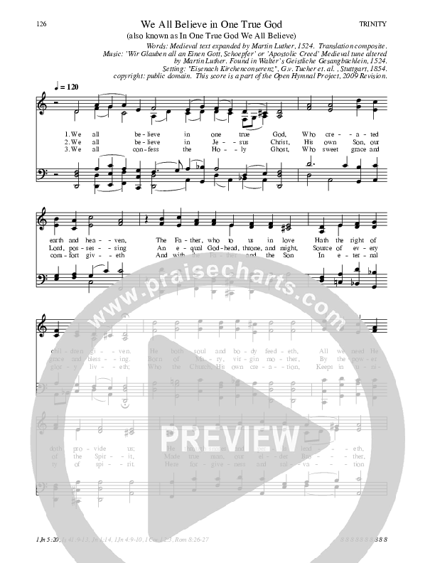 We All Believe In One True God Hymn Sheet (SATB) (Traditional Hymn)