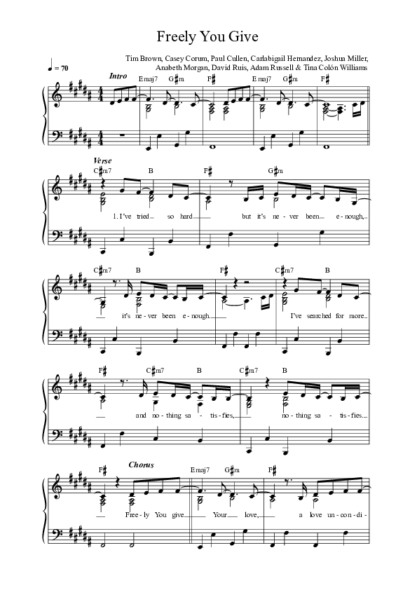 Freely You Give (Live) Lead Sheet Melody (Vineyard Worship / Joshua Williams)