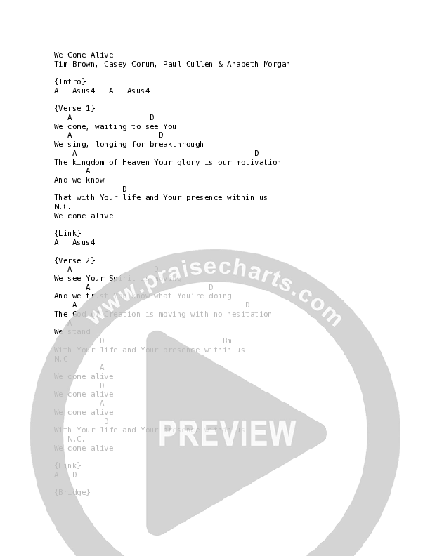 We Come Alive (Live) Chord Chart (Vineyard Worship / Paul Cullen)
