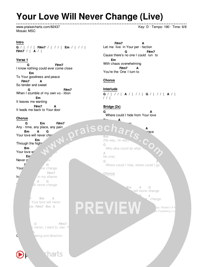 Your Love Will Never Change (Live) Chords & Lyrics (Mosaic MSC)