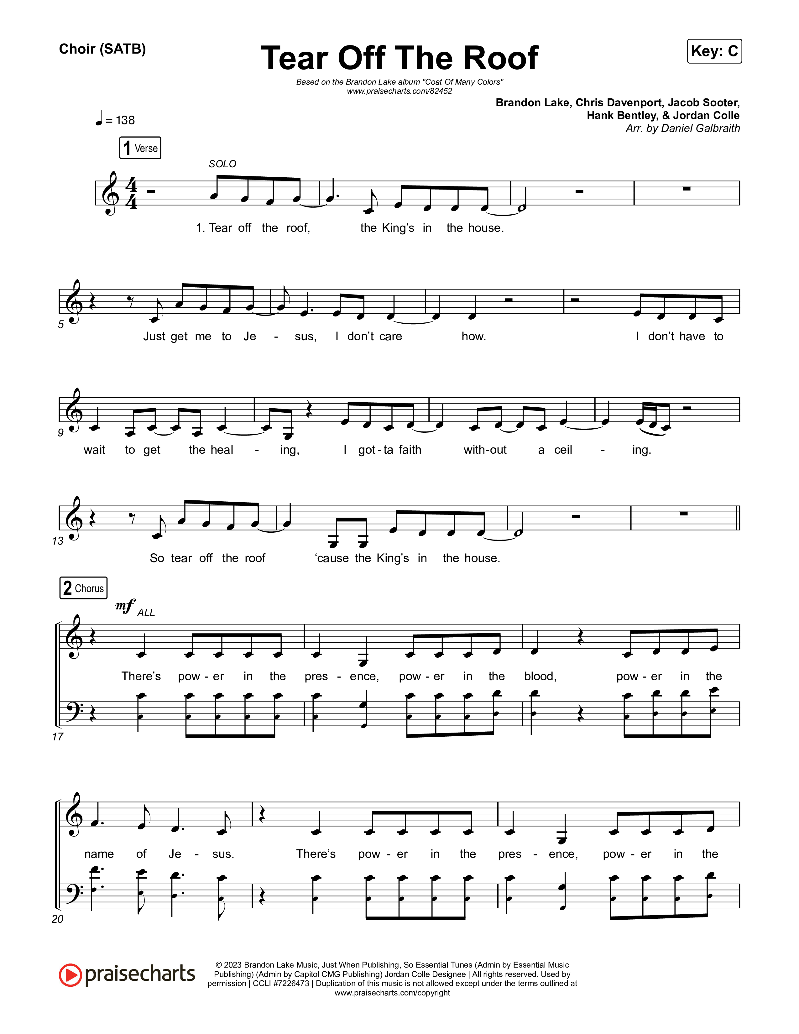 Tear Off The Roof Choir Sheet (SATB) (Brandon Lake)