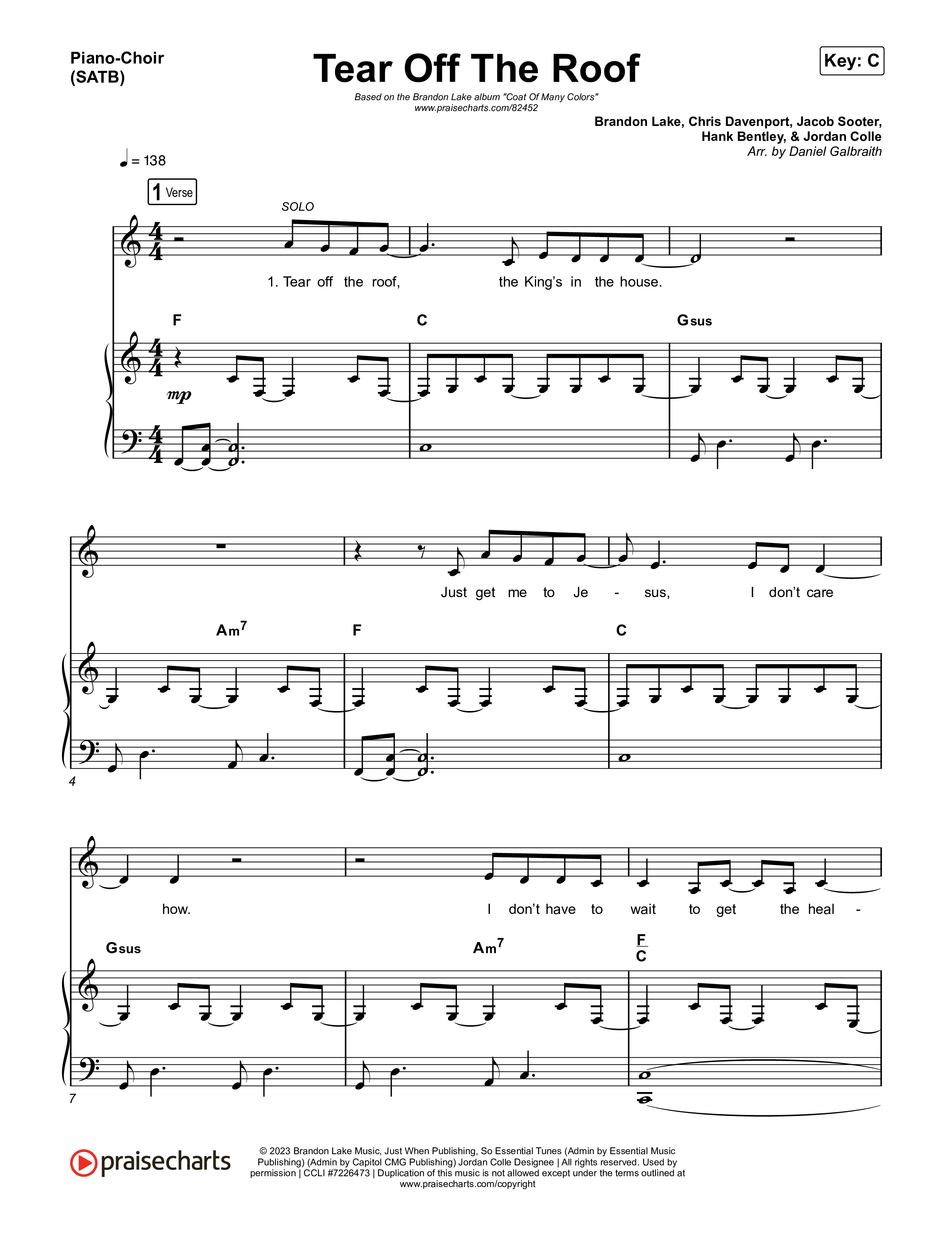 Tear Off The Roof Piano/Vocal (SATB) (Brandon Lake)