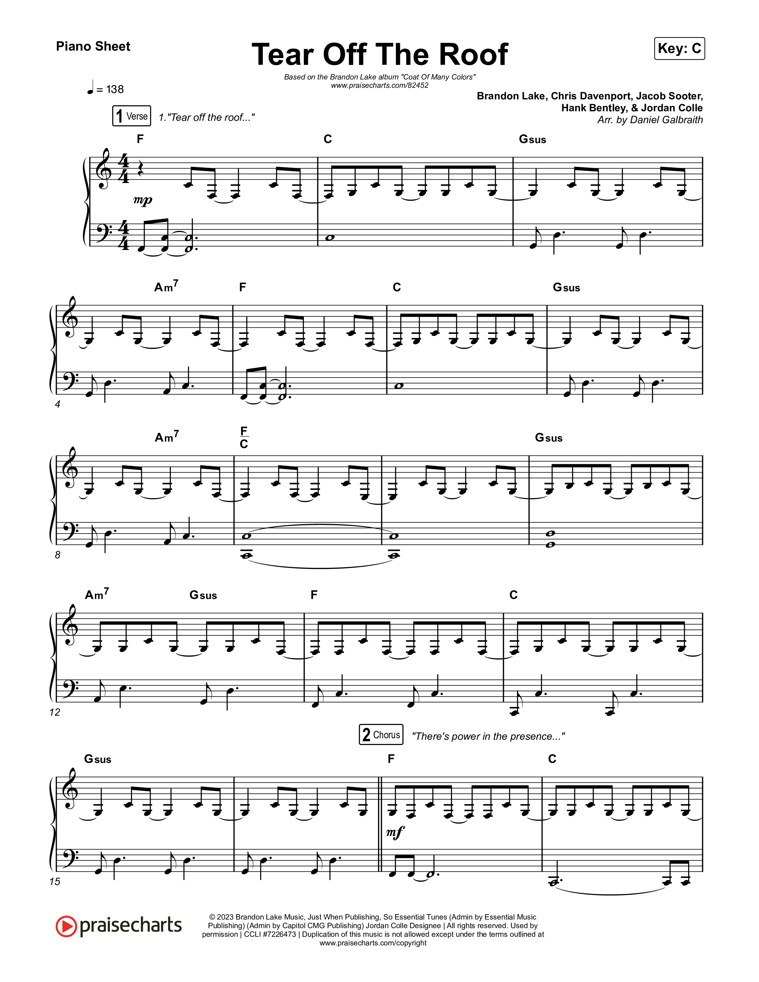 Tear Off The Roof Piano Sheet (Brandon Lake)