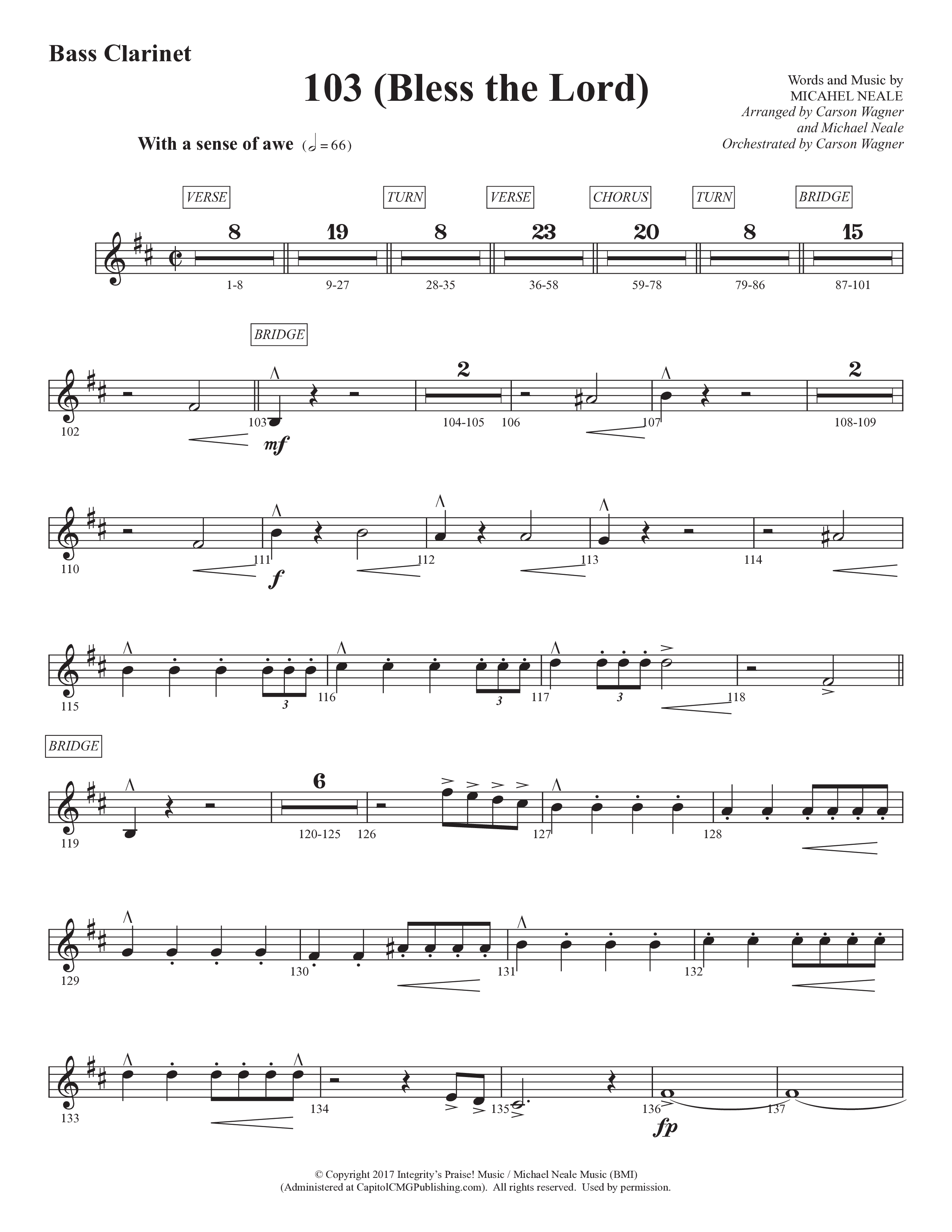 103 (Bless The Lord) (Choral Anthem SATB) Bass Clarinet (Prestonwood Worship / Prestonwood Choir / Arr. Michael Neale / Orch. Carson Wagner)