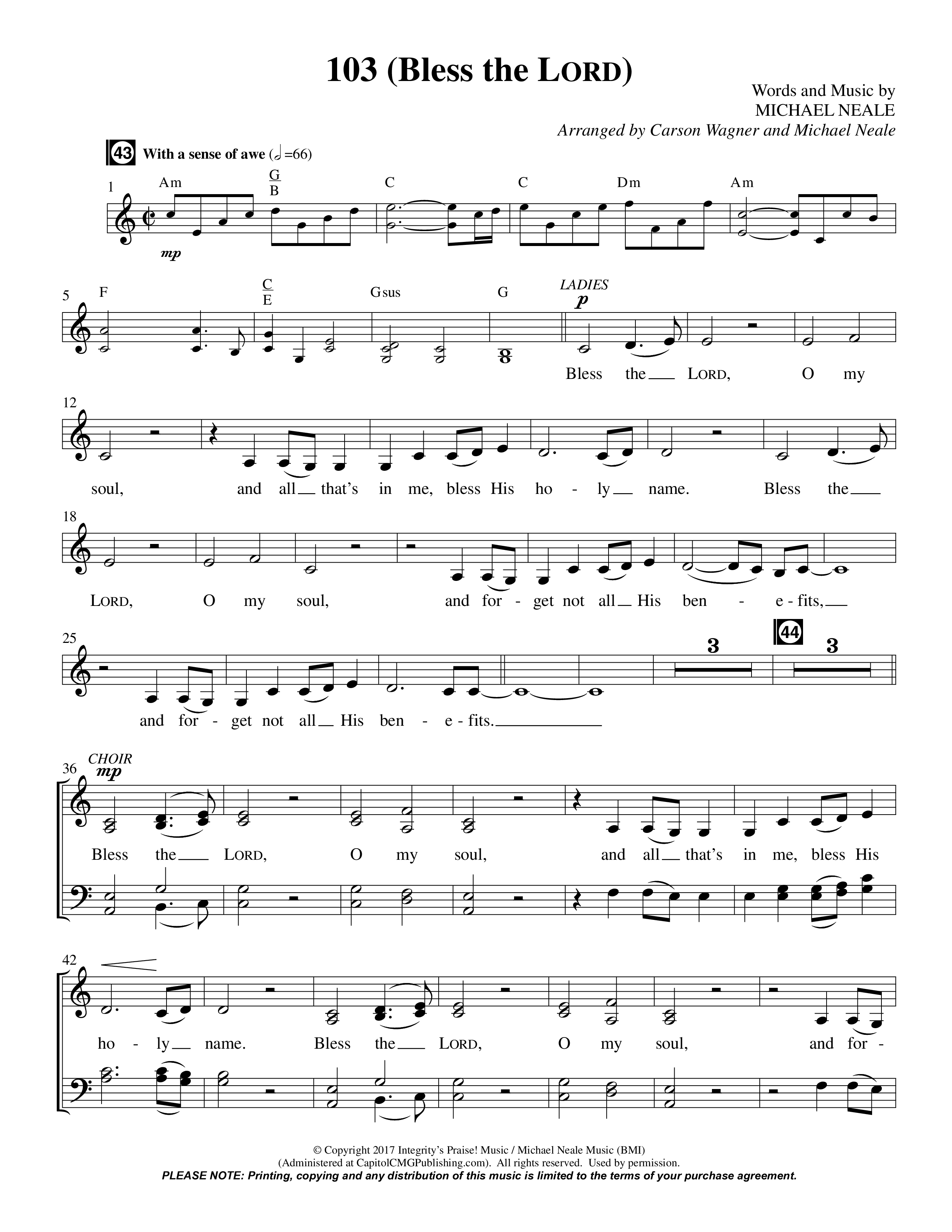 103 (Bless The Lord) (Choral Anthem SATB) Choir Sheet CH (Prestonwood Worship / Prestonwood Choir / Arr. Michael Neale / Orch. Carson Wagner)