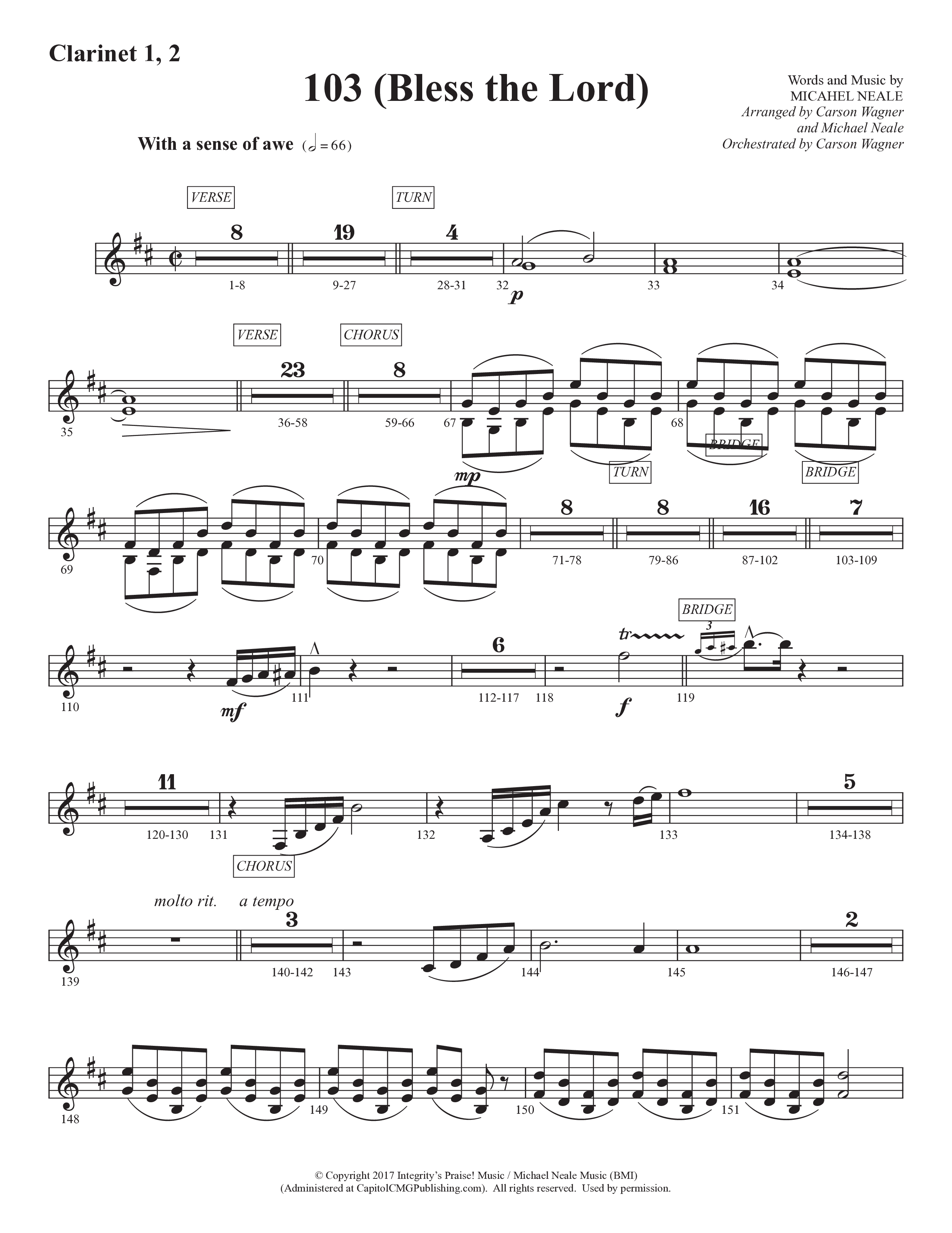 103 (Bless The Lord) (Choral Anthem SATB) Clarinet 1/2 (Prestonwood Worship / Prestonwood Choir / Arr. Michael Neale / Orch. Carson Wagner)