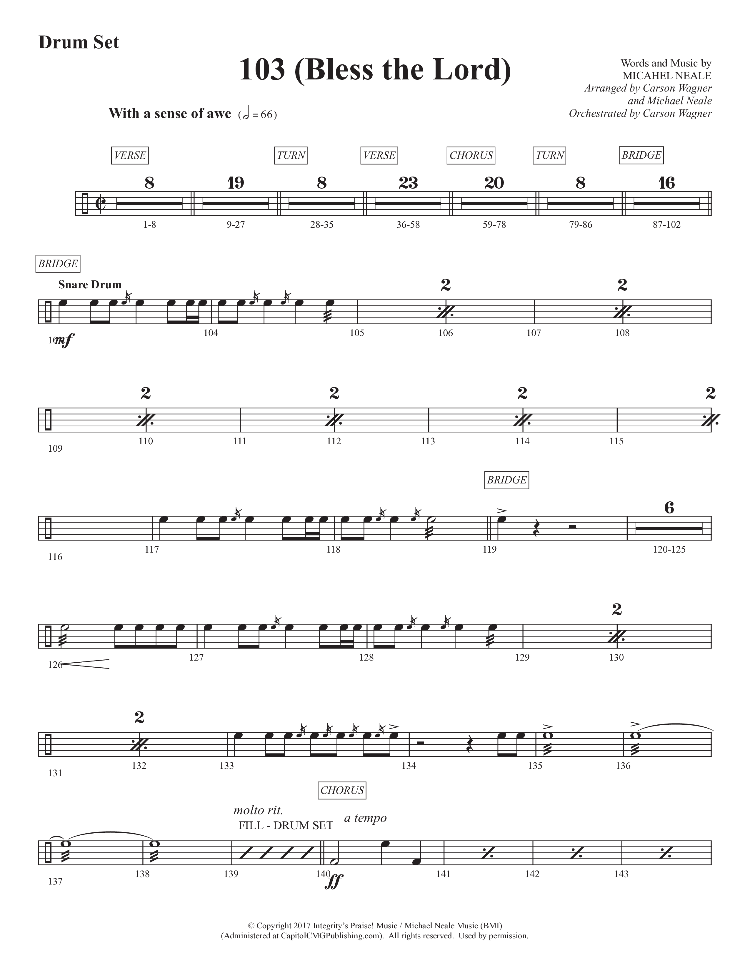 103 (Bless The Lord) (Choral Anthem SATB) Drum Set (Prestonwood Worship / Prestonwood Choir / Arr. Michael Neale / Orch. Carson Wagner)
