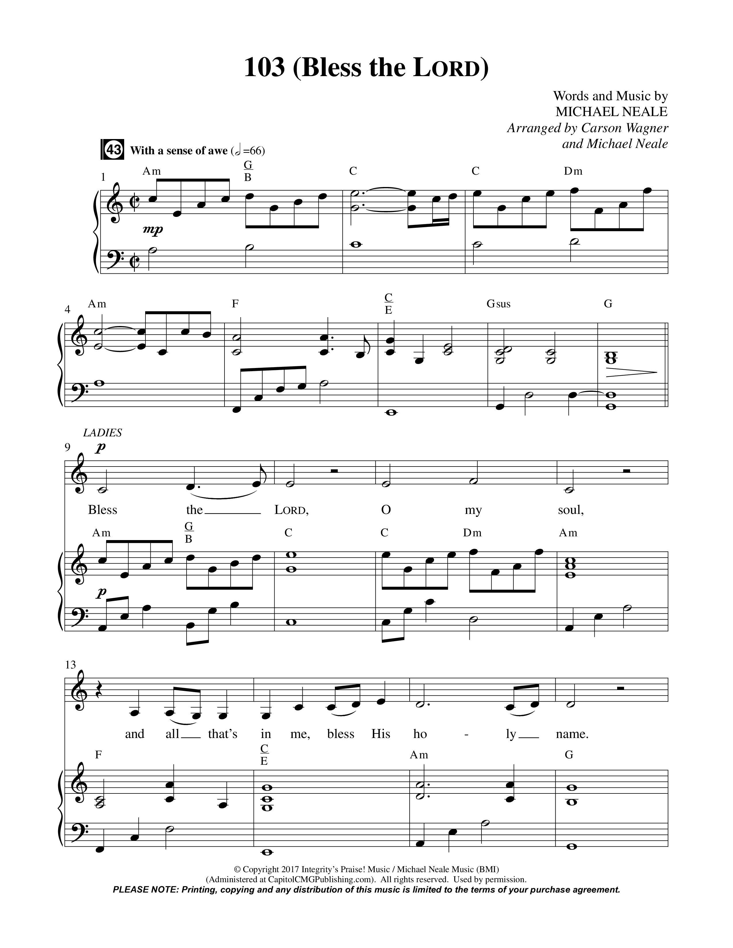 103 (Bless The Lord) (Choral Anthem SATB) Octavo (Vocals & Piano) (Prestonwood Worship / Prestonwood Choir / Arr. Michael Neale / Orch. Carson Wagner)