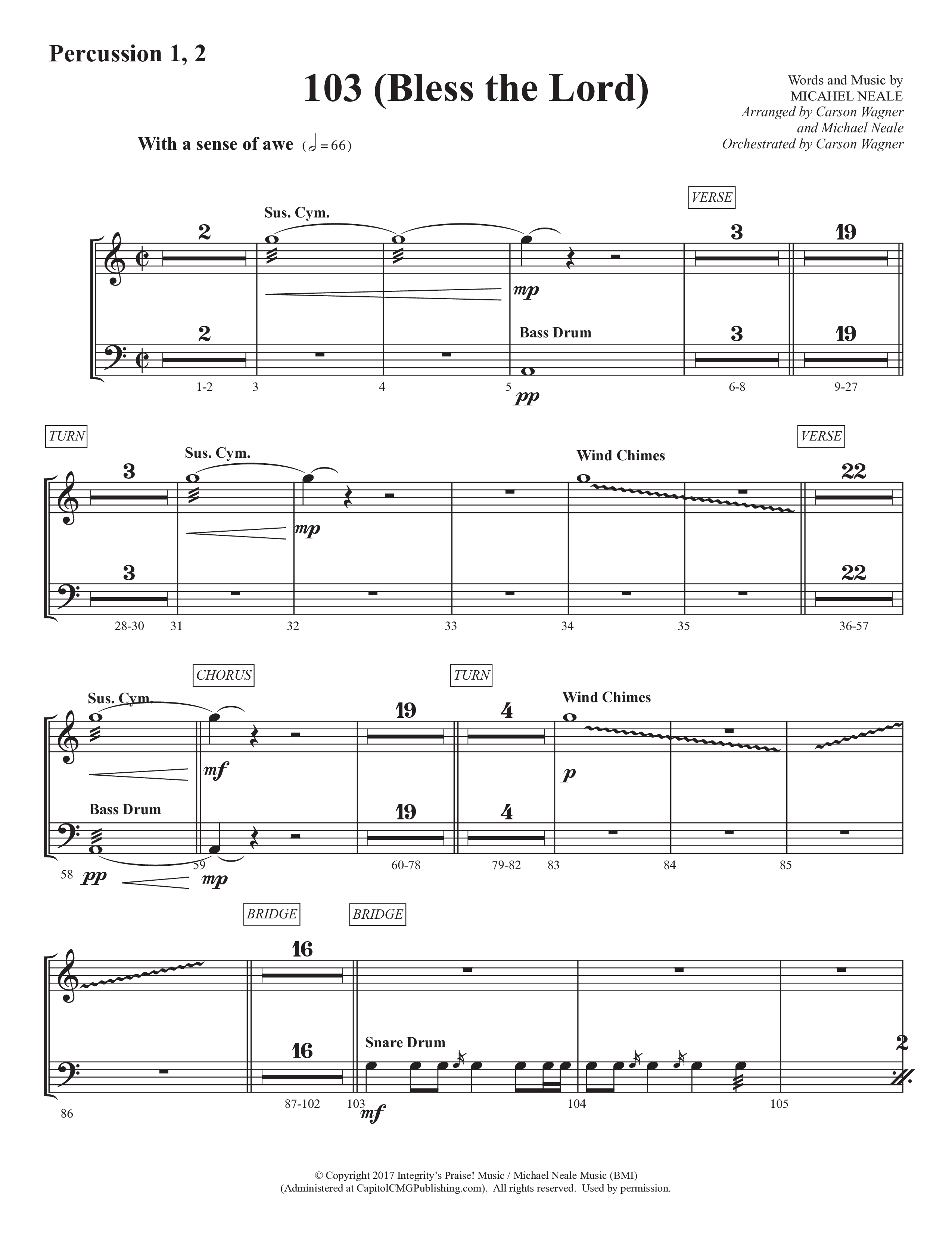 103 (Bless The Lord) (Choral Anthem SATB) Percussion 1/2 (Prestonwood Worship / Prestonwood Choir / Arr. Michael Neale / Orch. Carson Wagner)