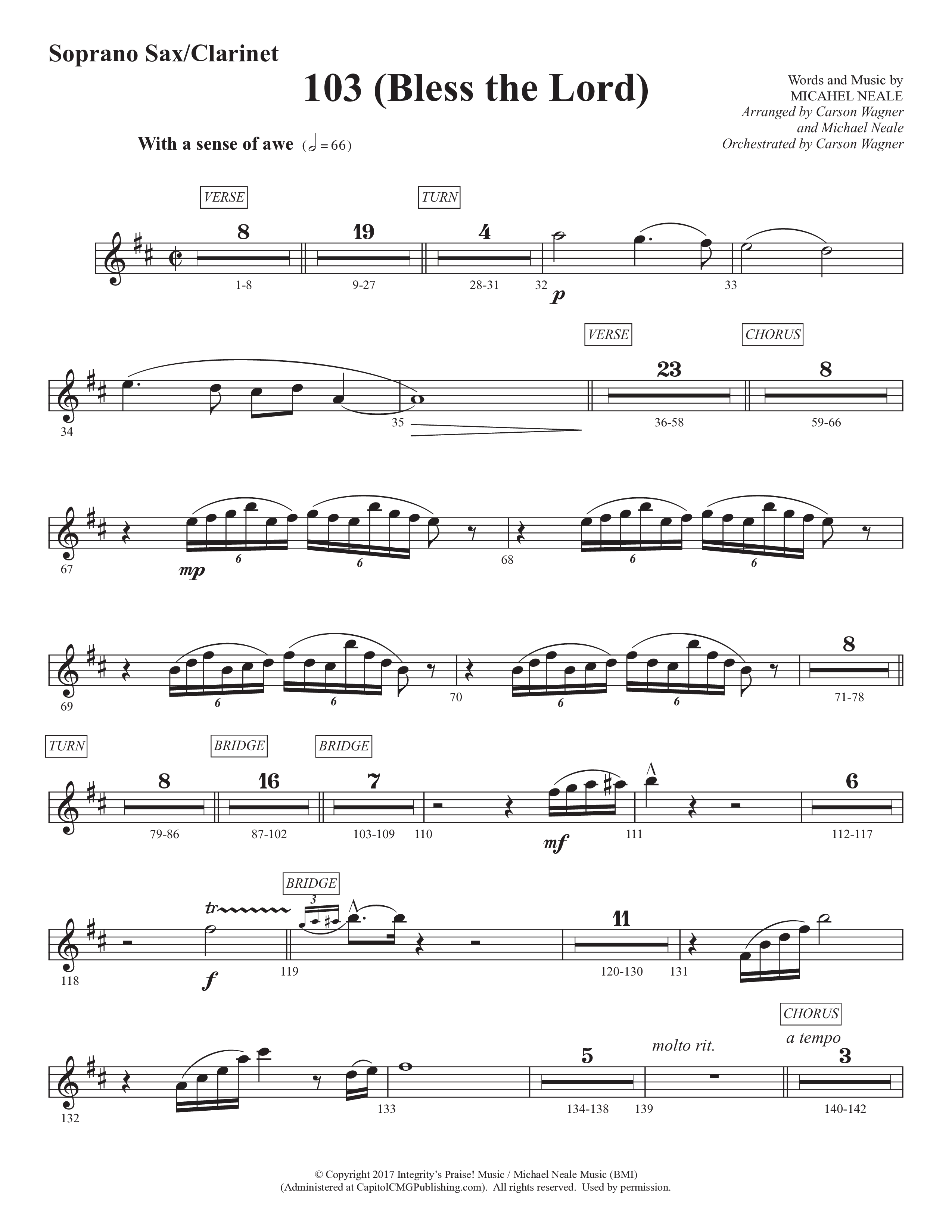 103 (Bless The Lord) (Choral Anthem SATB) Soprano Sax (Prestonwood Worship / Prestonwood Choir / Arr. Michael Neale / Orch. Carson Wagner)