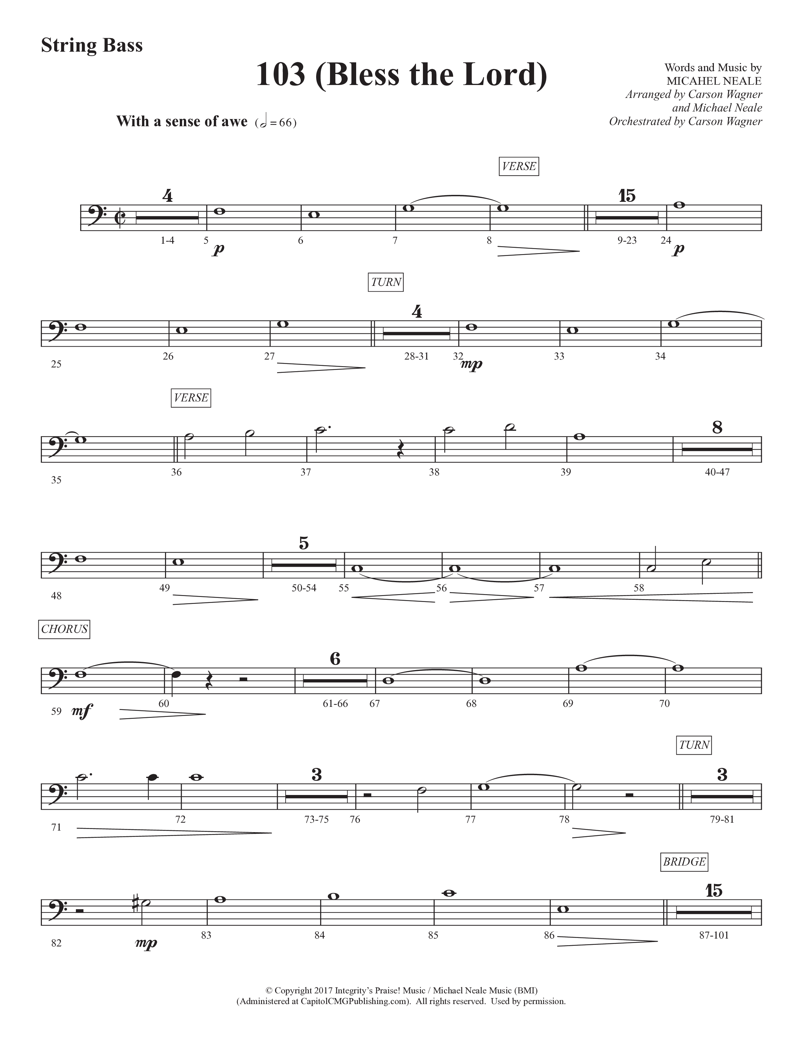 103 (Bless The Lord) (Choral Anthem SATB) String Bass (Prestonwood Worship / Prestonwood Choir / Arr. Michael Neale / Orch. Carson Wagner)