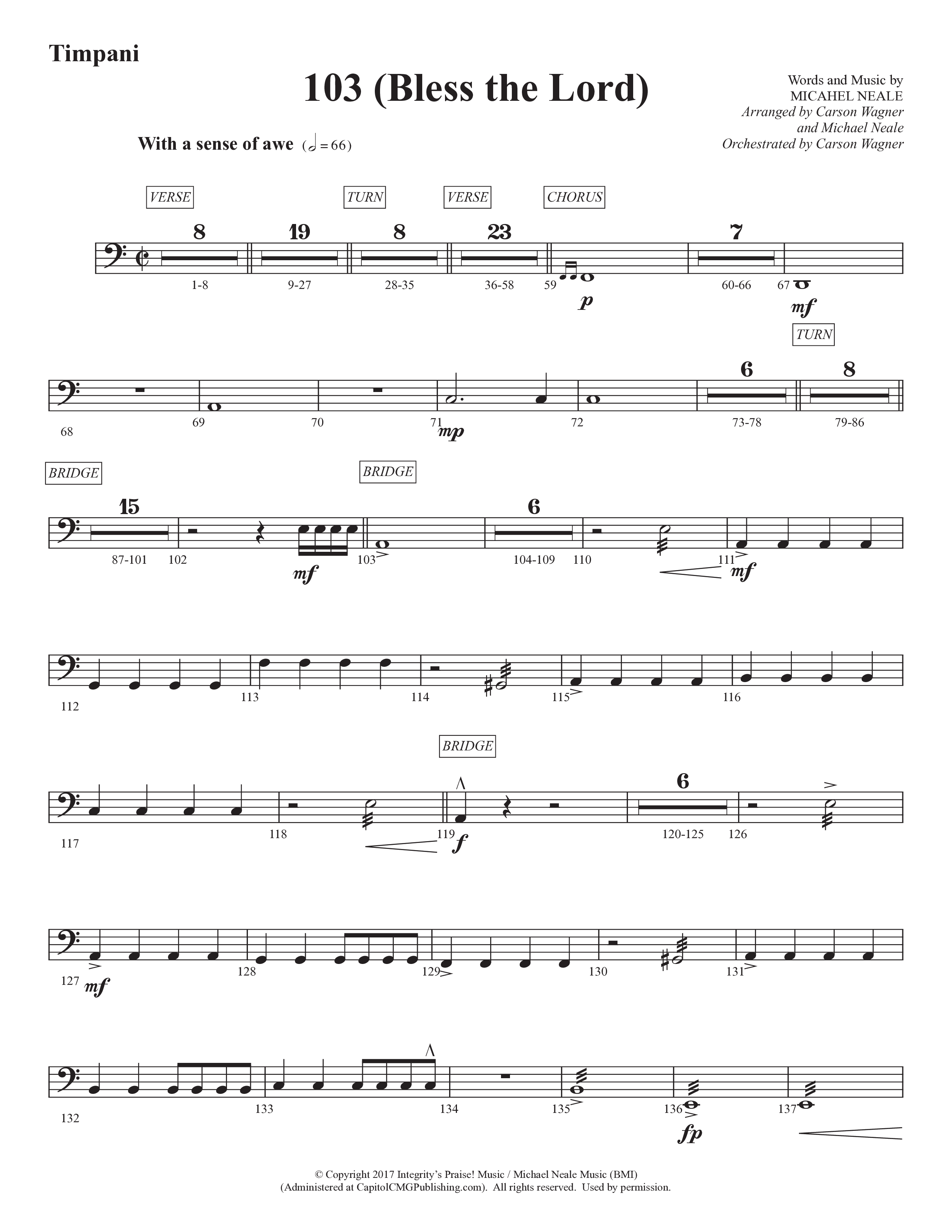 103 (Bless The Lord) (Choral Anthem SATB) Timpani (Prestonwood Worship / Prestonwood Choir / Arr. Michael Neale / Orch. Carson Wagner)
