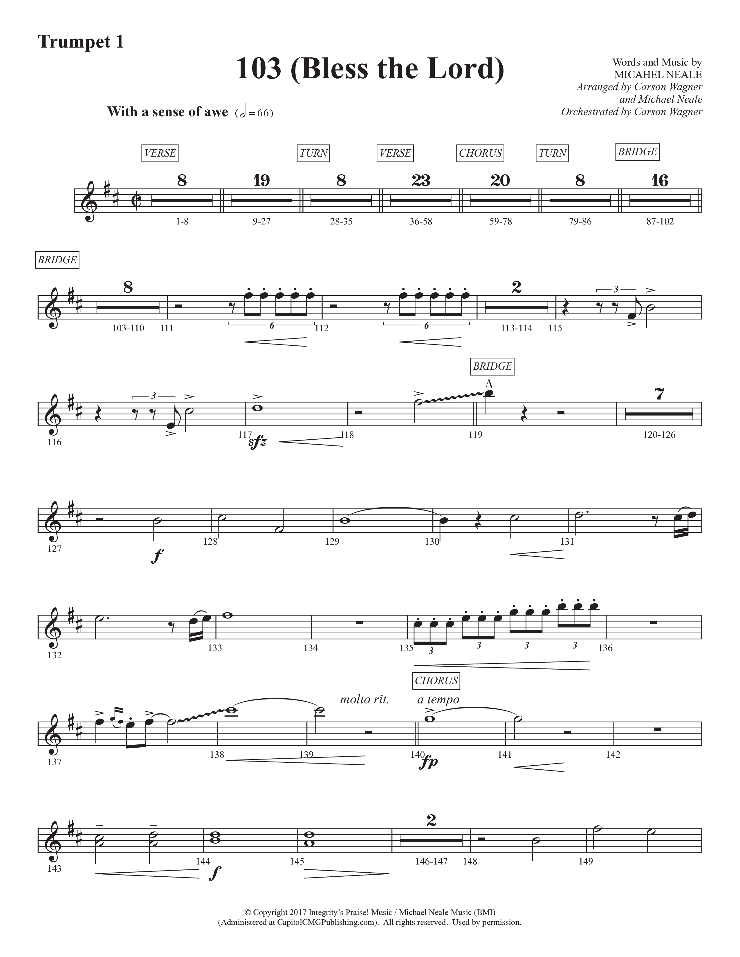 103 (Bless The Lord) (Choral Anthem SATB) Trumpet 1 (Prestonwood Worship / Prestonwood Choir / Arr. Michael Neale / Orch. Carson Wagner)