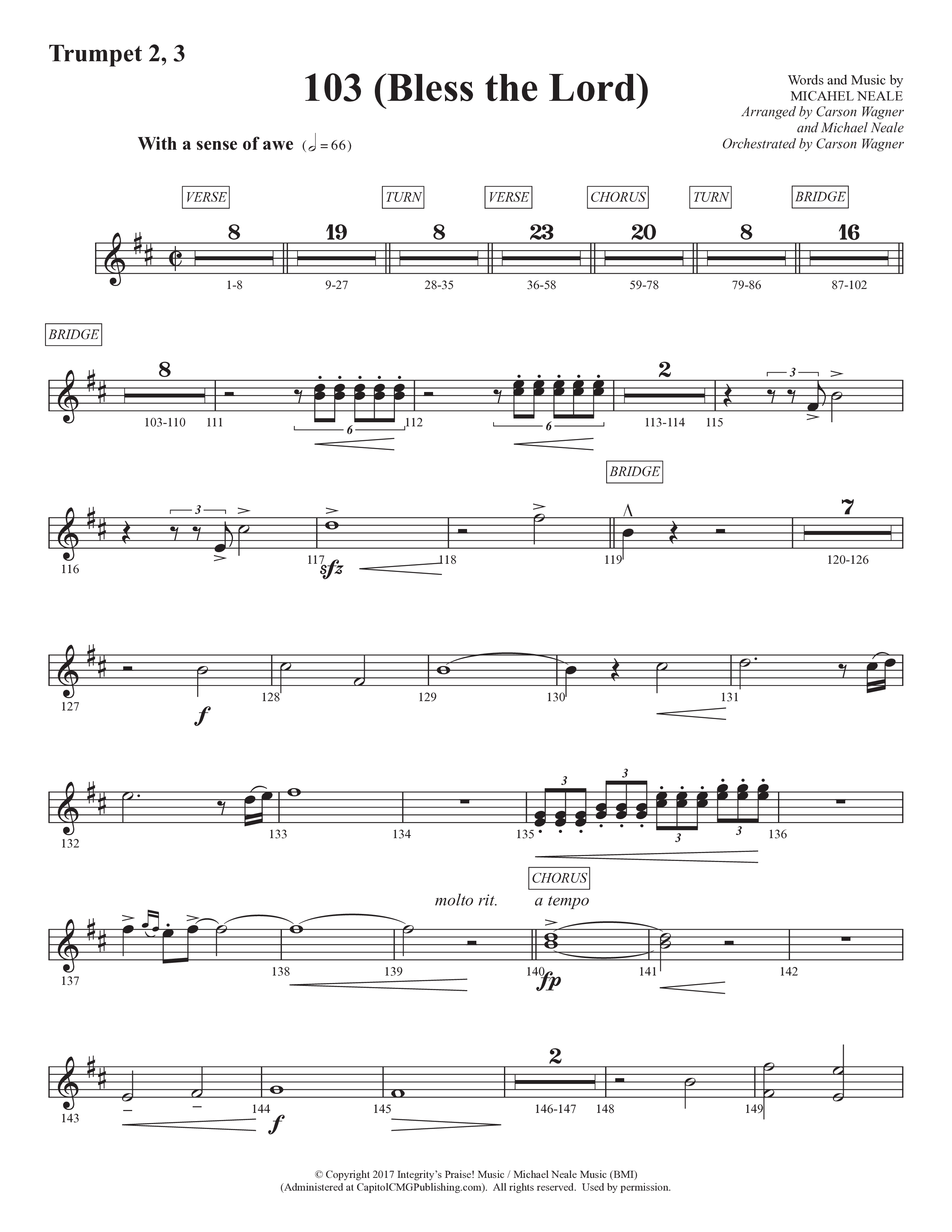 103 (Bless The Lord) (Choral Anthem SATB) Trumpet 2/3 (Prestonwood Worship / Prestonwood Choir / Arr. Michael Neale / Orch. Carson Wagner)