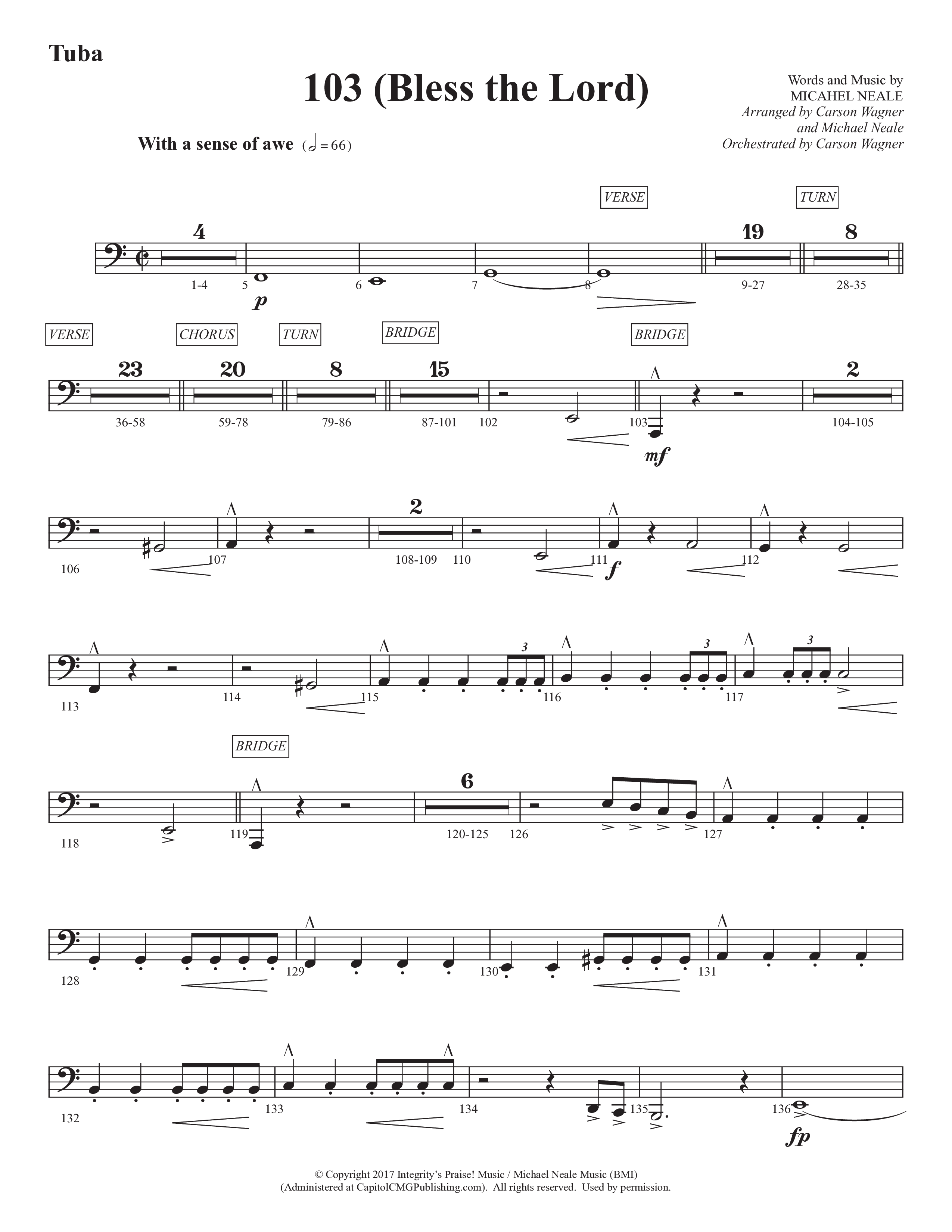 103 (Bless The Lord) (Choral Anthem SATB) Tuba (Prestonwood Worship / Prestonwood Choir / Arr. Michael Neale / Orch. Carson Wagner)