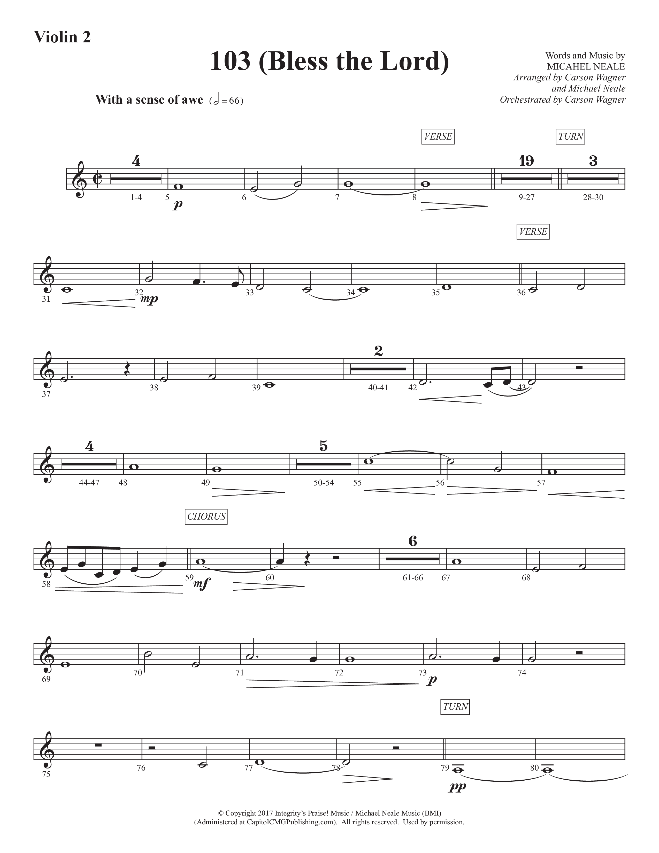 103 (Bless The Lord) (Choral Anthem SATB) Violin 2 (Prestonwood Worship / Prestonwood Choir / Arr. Michael Neale / Orch. Carson Wagner)