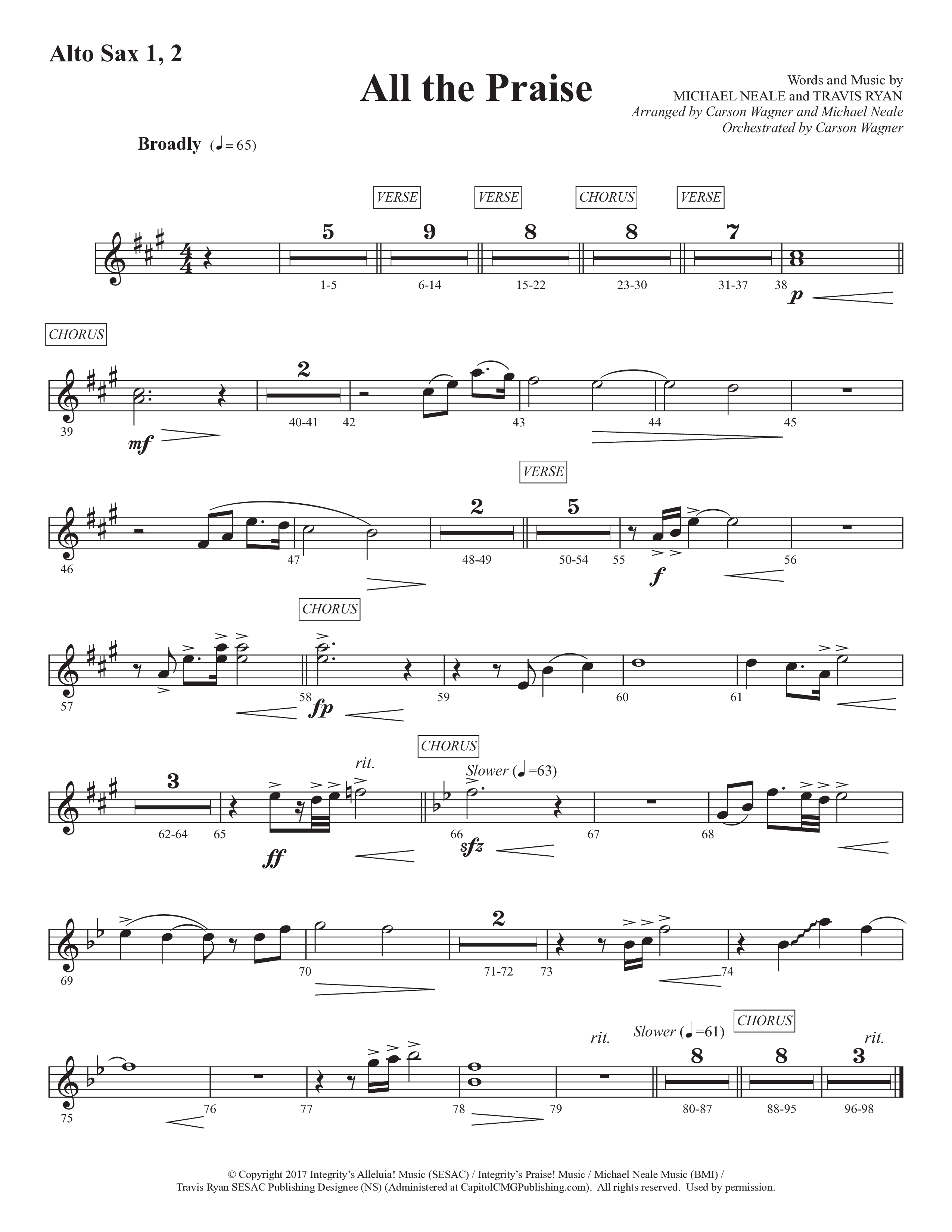 All The Praise (Choral Anthem SATB) Alto Sax 1/2 (Prestonwood Worship / Prestonwood Choir / Arr. Michael Neale / Orch. Carson Wagner)