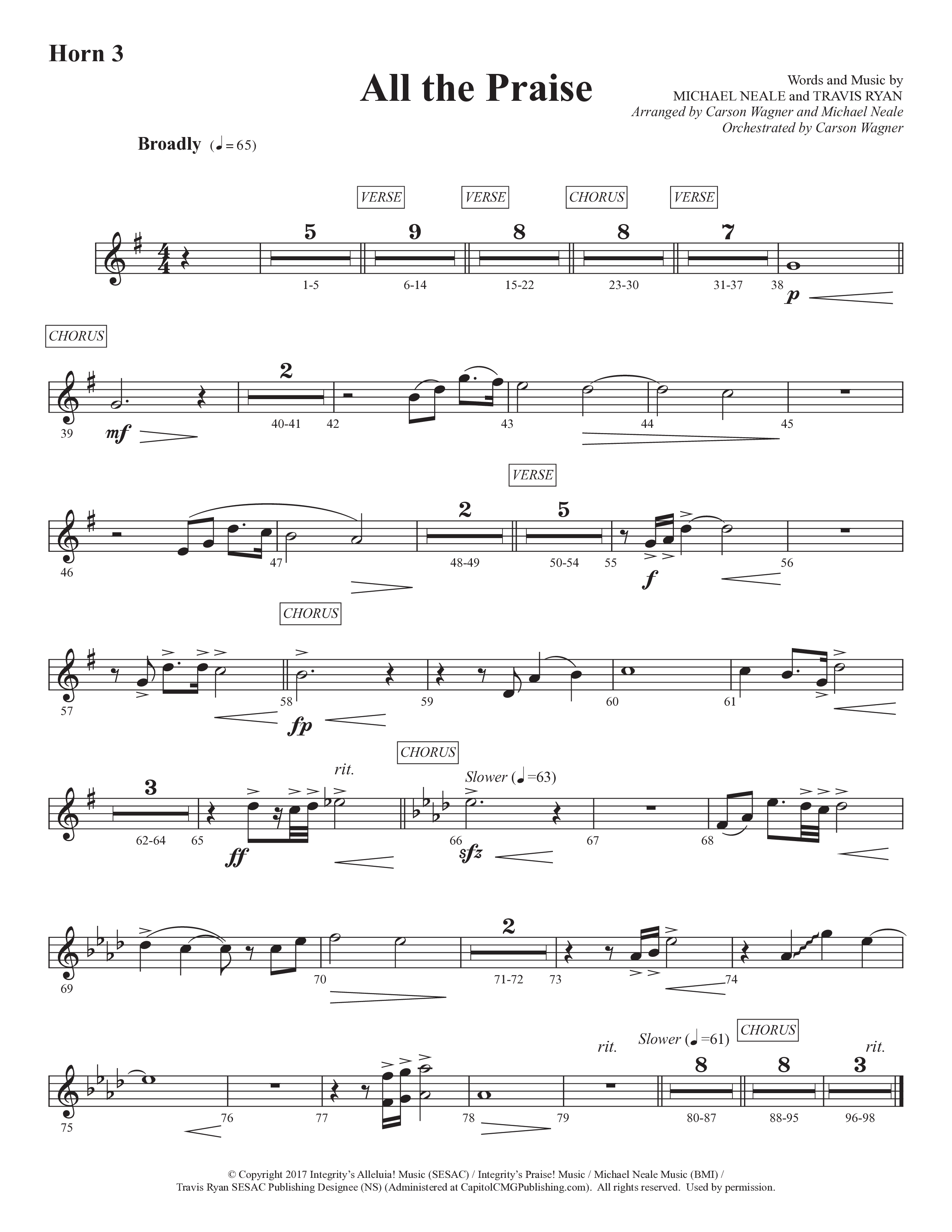 All The Praise (Choral Anthem SATB) French Horn 3 (Prestonwood Worship / Prestonwood Choir / Arr. Michael Neale / Orch. Carson Wagner)